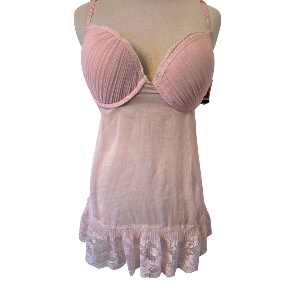 NWT Jezebel Pink Pleated Mesh Lace Trim Babydoll Chemise Lingerie Dress Y2K L